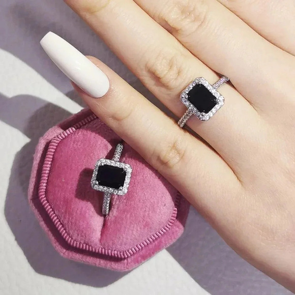 925 Sterling Silver Black Sapphire Diamond Cushion Cut Earring & Ring Set - Picture 4 of 4